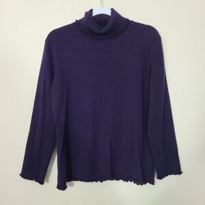 Vintage Dark Purple Turtleneck Sweater With Ruffle Trim Womens Petite Medium